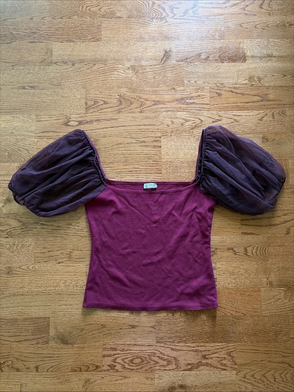 free people intimately puff sleeve cami top shirt mesh tulle burgundy xs wine